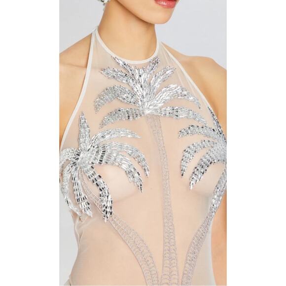 Retrofete Meridian Sheer Palm Tree Crystal Bead Embellished Maxi Dress Sz Small - Picture 4 of 16